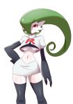  2019 absurd_res alternate_species black_gloves breasts clothed clothing eyelashes female gardevoir gloves green_hair hair hair_over_eye handwear hi_res humanoid jessie_(team_rocket) long_hair looking_at_viewer lucyfercomic midriff navel nintendo not_furry one_eye_obstructed pok&eacute;mon pok&eacute;mon_(species) red_eyes simple_background solo standing team_rocket under_boob video_games white_background white_body white_skin 