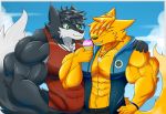  anthro big_muscles black_body black_fur brother brothers canid canine clothing dessert duo fennec food fox fur huge_muscles ice_cream jewelry male mammal muscular muscular_male necklace sibling taiko-sihori yellow_body yellow_fur 