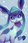  blue_eyes closed_mouth creature gen_1_pokemon gen_4_pokemon glaceon highres looking_at_viewer no_humans orcaowl pokemon pokemon_(creature) signature smile snowing solo 