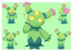  2019 ? blush border claws denntsyk_5430 elemental_creature flora_fauna flower gesture green_background green_body hi_res horn looking_at_viewer looking_back maractus multiple_poses nintendo open_mouth open_smile plant pok&eacute;mon pok&eacute;mon_(species) pose simple_background smile standing video_games waving white_border yellow_claws yellow_eyes 