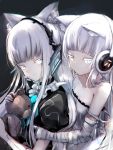  2girls animal_ear_fluff animal_ears awp_(girls_frontline)_(dyolf) bandaged_arm bandaged_hands bandages bangs black_dress blue_eyes breasts brown_eyes cat_ears collarbone colored_eyelashes commentary_request dress dyolf eyebrows_behind_hair girls_frontline glowing grey_background headgear headphones heterochromia holding holding_stuffed_animal long_hair multiple_girls original puffy_short_sleeves puffy_sleeves short_sleeves signature sleeveless sleeveless_dress small_breasts strap_slip stuffed_animal stuffed_toy sweat teddy_bear very_long_hair white_dress white_hair 