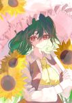  1girl absurdres ascot closed_mouth commentary ebi_mayopuri flower green_hair hair_between_eyes hashtag-only_commentary highres holding holding_umbrella kazami_yuuka light_smile long_sleeves looking_at_viewer medium_hair open_clothes open_vest red_eyes red_skirt red_vest shirt skirt solo sunflower symbol-only_commentary touhou umbrella upper_body vest white_shirt yellow_ascot 