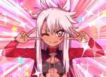  1girl absurdres bangs blush breastplate breasts capelet chawan_(yultutari) chloe_von_einzbern closed_mouth dark_skin double_v emotional_engine_-_full_drive fate/grand_order fate/kaleid_liner_prisma_illya fate_(series) hair_between_eyes hair_ornament hairpin half_updo hands_up highres long_hair long_sleeves looking_at_viewer one_eye_closed orange_eyes parody pink_background pink_hair red_capelet sei_shounagon_(fate) shrug_(clothing) sidelocks small_breasts smile solo sparkle star tongue tongue_out v 