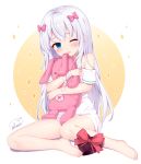  1girl artist_name barefoot blue_eyes blush bow eromanga_sensei fang gift hair_bow highres holding holding_stuffed_animal izumi_sagiri long_hair looking_at_viewer nomier one_eye_closed open_mouth pink_bow shirt solo stuffed_animal stuffed_bunny stuffed_toy valentine white_hair white_shirt 