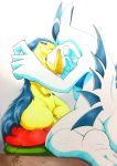  025aki absurd_res anthro big_breasts blue_body blue_fur blue_skin breasts caressing duo female feral fur hi_res larger_female legendary_pok&eacute;mon long_neck lugia nintendo nuzzling pillow pok&eacute;mon pok&eacute;mon_(species) red_eyes simple_background size_difference smaller_female smile smooth_skin thick_tail thick_thighs typhlosion video_games white_body white_skin yellow_body yellow_fur 