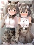  2girls :&gt; :d absurdres amemiya_neru animal_ear_fluff animal_ears bangs bare_shoulders blurry blurry_background blush bow bowtie breasts cat_ears character_request elbow_gloves extra_ears fang gloves grey_hair hair_between_eyes hair_twirling highres holding_hands interlocked_fingers kemono_friends medium_breasts multiple_girls nose_blush open_mouth outdoors print_gloves print_neckwear print_skirt shirt short_hair short_sleeves signature skirt smile thighhighs white_shirt yellow_eyes yuri 