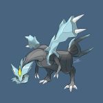  blue_background claws commentary creature english_commentary full_body gen_5_pokemon highres kyurem looking_at_viewer no_humans pokemon pokemon_(creature) sharp_teeth signature simple_background solo standing teeth yellow_eyes zeefster 