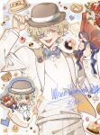  1boy :d blonde_hair blue_bow blue_bowtie blue_ribbon bouquet bow bowtie brown_hat buttons cake chibi chibi_inset coldrex8 curly_hair donut eyepatch fangs florian_brand food food-themed_background hat highres holding holding_bouquet identity_v jacket male_focus official_alternate_costume pants pretzel raised_eyebrows ribbon smile sweater symbol-shaped_pupils upper_body waffle white_jacket white_pants white_sweater yellow_eyes 