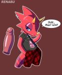  2020 animal_crossing anthro bottomwear chameleon clothed clothing collar disembodied_penis erection flick_(animal_crossing) genitals half-closed_eyes hi_res horn humanoid_genitalia humanoid_penis lizard male narrowed_eyes nintendo penis red_body red_skin renabu reptile scalie shirt simple_background solo_focus topwear video_games 