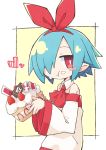  1girl :t animal_ears asameshi blue_hair blush_stickers borrowed_character bunny_ears cake detached_sleeves food food_on_face fruit hair_over_one_eye hair_ribbon heart holding holding_cake holding_food icing long_sleeves looking_at_viewer original pleinair pointy_ears red_eyes red_neckwear red_ribbon ribbon short_hair solo strawberry strawberry_shortcake upper_body usagi-san wide_sleeves yellow_background 
