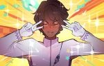  1boy arjuna_(fate/grand_order) bangs blush brown_hair closed_mouth dark_skin dark_skinned_male double_v emotional_engine_-_full_drive fate/grand_order fate_(series) full-face_blush gloves hair_between_eyes hands_up jacket parody sagta_panggang sei_shounagon_(fate) short_hair solo sparkle sweatdrop v wavy_mouth white_gloves white_jacket yellow_background 
