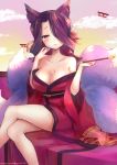  1girl animal_ear_fluff animal_ears artist_name bare_legs bare_shoulders blush breasts cleavage cloud collarbone commentary crossed_legs feet_out_of_frame flower fox_ears fox_girl fox_tail hair_flower hair_ornament hair_over_one_eye holding holding_pipe japanese_clothes kimono large_breasts light_smile long_hair long_sleeves looking_at_viewer multiple_tails off_shoulder outdoors patreon_username pipe purple_hair red_kimono sewayaki_kitsune_no_senko-san sitting solo sora_(sewayaki_kitsune_no_senko-san) tail takuyarawr torii wide_sleeves yellow_eyes 