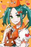  1girl :p apron aqua_hair bow chocolate commentary food food_on_face food_on_finger garnish googly_eyes green_eyes hair_bow hand_up hat heart highres light_smile looking_at_viewer monogatari_(series) neckerchief ononoki_yotsugi orange_background orange_neckwear plaid plate puffy_short_sleeves puffy_sleeves red_bow serving short_hair short_sleeves solo tongue tongue_out tray twintails valhalla0707 