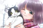  1girl bangs blue_eyes blurry blurry_background cat commentary_request day depth_of_field eyebrows_visible_through_hair head_tilt holding holding_cat looking_at_viewer one_eye_closed original outdoors plaid plaid_scarf purple_hair scarf short_hair signature smile solo soragane_(banisinngurei) upper_body winter 
