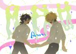  2boys antenna_hair artist_name black_hair black_pants blonde_hair cheng_xiaoshi chinese_commentary closed_eyes collared_shirt dancing earrings facing_another happy highres holding_hands jewelry laughing long_sleeves looking_at_another male_focus multicolored_hair multiple_boys open_mouth pants ponytail shiguang_dailiren shirt shirt_tucked_in short_hair short_ponytail short_sleeves silhouette simple_background sleeves_rolled_up smile sparkle standing streamers teeth two-tone_hair white_background white_shirt xia_fei xiangdunjiudunw yaoi 