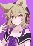  1girl bangs bare_shoulders blonde_hair blush chest_tattoo collarbone earmuffs eyebrows_visible_through_hair hair_between_eyes hand_up looking_at_viewer off-shoulder_shirt off_shoulder pointy_hair purple_background purple_ribbon ribbon shirt short_hair simple_background smile solo sparkle syuri22 tattoo touhou toyosatomimi_no_miko upper_body yellow_eyes 