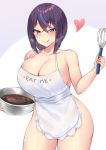  1girl apron bare_shoulders batter blue_eyes blue_hair blush breasts collarbone english_text heart heart-shaped_pupils kuavera large_breasts looking_at_viewer naked_apron original purple_hair short_hair simple_background solo symbol-shaped_pupils thighs whisk white_background 