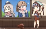  3girls =_= ?? beige_scarf blue_eyes blue_hair blue_jacket brown_hair chocolate commentary_request dated full_body grey_hair hair_ribbon hamu_koutarou hat hat_removed headwear_removed highres i-19_(kantai_collection) intrepid_(kantai_collection) jacket kantai_collection long_hair mini_hat multiple_girls name_tag peaked_cap pink_scarf pola_(kantai_collection) ponytail red_eyes ribbon scarf school_swimsuit short_hair stain standing star star-shaped_pupils swimsuit symbol-shaped_pupils towel towel_on_head tri_tails upper_body white_coat white_headwear window 