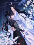  2boys ahoge bishounen black_hair black_hanfu branch chinese_clothes closed_mouth couple falling_petals flower hair_ribbon hand_on_another's_waist hanfu headband height_difference high_ponytail highres hug lan_wangji long_hair long_sleeves looking_at_viewer looking_back male_focus modao_zushi multiple_boys open_mouth petals ponytail purple_eyes red_ribbon ribbon robe sidelocks smile standing tjtmxltjtmxl topknot twitter_username very_long_hair watermark wei_wuxian white_flower white_hanfu white_headband wide_sleeves xiao_guan_(headdress) yaoi yellow_eyes 