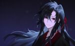  1boy bishounen black_hair black_hanfu blue_background chinese_clothes closed_mouth commentary english_commentary floating_hair gradient_background hair_between_eyes hair_down hair_ribbon half_updo hanabi_42 hanfu long_hair looking_at_viewer male_focus modao_zushi official_alternate_hairstyle red_eyes red_ribbon ribbon smile solo upper_body wei_wuxian wei_wuxian_(yiling_laozu) 