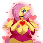  &lt;3 1:1 anthro big_breasts breasts cleavage clothed clothing digital_media_(artwork) equid equine female fluttershy_(mlp) friendship_is_magic front_view hi_res huge_breasts looking_at_viewer mammal my_little_pony nipple_outline pterippus simple_background smile solo suirano wings 