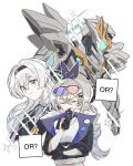  2girls armor bishie_sparkle black-framed_eyewear black_armor black_gloves black_hairband black_jacket black_ribbon blue_eyes blue_hair blush breasts clenched_hand closed_eyes closed_mouth collarbone covering_own_mouth crossed_bangs dress drill_hair dual_persona earclip english_text fingerless_gloves firefly_(honkai:_star_rail) full_armor fur-trimmed_jacket fur_trim gloves goggles goggles_on_head gradient_hair grey_armor grey_hair hair_between_eyes hair_ornament hair_ribbon hairband hairclip hairpin hand_on_own_chin hand_up hashtag-only_commentary helmet high_ponytail highres honkai:_star_rail honkai_(series) jacket kabokwa leaf_hair_ornament long_hair long_sleeves looking_at_viewer mecha medium_breasts multicolored_armor multicolored_eyes multicolored_hair multiple_girls neckerchief open_clothes open_jacket pink-tinted_eyewear pink_eyes ponytail power_armor puffy_long_sleeves puffy_sleeves purple-tinted_eyewear purple_jacket ribbon robot sailor_collar sam_(honkai:_star_rail) silver_wolf_(honkai:_star_rail) simple_background smile sweatdrop tank_top tinted_eyewear two-sided_fabric two-sided_jacket upper_body v-shaped_eyebrows wavy_hair white_background white_dress white_hair white_tank_top yellow_armor yellow_neckerchief yuri 