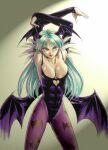  1990s_(style) 1girl animal_print aqua_eyes aqua_hair arms_up ass_visible_through_thighs bat_print bat_wings bloom breasts bridal_gauntlets cleavage clothing_cutout commentary_request covered_abs covered_groin cowboy_shot crossed_arms darkstalkers earrings fingernails fur-trimmed_bridal_gauntlets groin_tendon head_wings heart_cutout jewelry large_breasts legs_apart leotard lipstick long_fingernails long_hair looking_to_the_side makeup morrigan_aensland panties pantyhose pink_lips print_pantyhose purple_bridal_gauntlets purple_leotard purple_panties purple_wings retro_artstyle revealing_clothes sharp_fingernails smile solo sphere_earrings standing teiku_(take) tsurime underwear wings yellow_background 