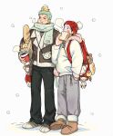 2boys absurdres alternate_costume backpack bag baguette black_pants boots bread bread_slice brown_boots brown_jacket candy candy_cane charm_(object) chewing coffee commentary cup disposable_cup food food_in_mouth full_body fur-trimmed_boots fur_trim green_hair grey_pants hand_in_pocket hat highres holding holding_bag holding_bread hood hoodie jacket jjerri00 lapels long_sleeves male_focus monkey_d._luffy multiple_boys notched_lapels one_eye_closed one_piece pants paper_bag red_bag red_hat roronoa_zoro scar scar_across_eye scar_on_cheek scar_on_face scarf shoes short_hair snow snowing standing steam sweatpants symbol-only_commentary white_hoodie white_shoes winter 