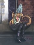  2020 absurd_res asian_water_monitor boots cigar city clothing downtown footwear girly hi_res leather lizard looking_at_viewer makeup monitor_lizard noosha reptile scalie sitting streets tongue tongue_out vandclash watermark 