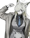  1girl absurdres animal_ear_fluff animal_ears arm_up black_hair black_shirt blue_archive blue_eyes blue_necktie breasts coat collared_shirt commentary_request dog_ears dog_girl dress grey_coat hair_over_one_eye halo highres kani_ka_nanika kanna_(blue_archive) large_breasts long_bangs long_hair long_sleeves necktie open_clothes open_coat parted_lips plaid_clothes plaid_dress shirt simple_background solo translation_request very_long_hair white_background white_halo 
