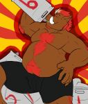  anthro belly bottomwear brown_body brown_fur bulge clothing eyes_closed fur humanoid_hands iavan male mammal overweight overweight_male shorts solo suid suina sus_(pig) wild_boar 