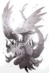  1boy angel_wings claws closed_eyes closed_mouth feathered_wings feathers granblue_fantasy greyscale highres long_hair monochrome monster open_eyes parted_lips solo tail teeth wings yotsubaya 