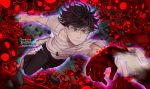  artist_name black_hair black_pants blue_eyes clenched_hand closed_mouth collarbone full_body glowing highres holding_hand holding_own_wrist insertsomthinawesome kageyama_shigeo looking_at_viewer mob_psycho_100 multicolored multicolored_eyes pants red_eyes rock serious shirt shoes short_hair short_sleeves signature sneakers spoilers t-shirt watermark web_address white_footwear white_shirt 