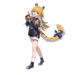  1girl absurdres animal_ear_fluff animal_ears black_shorts blue_shoes bow bowl chopsticks colored_inner_hair commentary fang food full_body green_eyes grey_shirt high-waist_shorts highres holding holding_bowl holding_chopsticks jacket ju_fufu kazezz long_hair looking_at_viewer multicolored_hair noodles open_mouth ramen shirt shoes shorts simple_background socks solo striped_fur striped_hair symbol-only_commentary tail tail_bow tail_ornament thigh_strap tiger_ears tiger_girl tiger_stripes tiger_tail white_background white_socks yellow_jacket zenless_zone_zero 