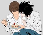 2boys bags_under_eyes black_eyes black_hair blue_pants brown_eyes brown_hair cake collared_shirt death_note finger_to_mouth food fork grey_background hair_between_eyes highres holding holding_cake holding_food holding_fork l_(death_note) looking_at_another male_focus multiple_boys no_eyebrows pants parted_lips popo92_z shirt short_hair spiked_hair strawberry_shortcake striped_clothes striped_shirt sweatdrop upper_body white_shirt yagami_light 