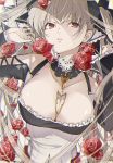  1girl azur_lane bangs bare_shoulders between_breasts black_dress blush breasts c_c cleavage dress eyebrows_visible_through_hair flower formidable_(azur_lane) frilled_dress frills grey_hair hair_ribbon hands_up large_breasts long_hair long_sleeves looking_at_viewer parted_lips red_eyes red_flower red_rose ribbon rose solo twintails two-tone_ribbon very_long_hair 