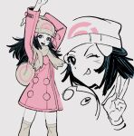  1girl :p beanie black_eyes black_hair bright_pupils coat commentary_request dawn_(pokemon) hair_ornament hairclip hat korean_commentary limited_palette long_hair looking_at_viewer multiple_views one_eye_closed open_mouth pankepen pink_coat piplup pokemon pokemon_(creature) pokemon_dppt pokemon_platinum scarf simple_background socks solo_focus standing tongue tongue_out upper_body v white_background white_hat white_pupils white_scarf white_socks 