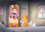  1boy 1girl animal_ears blue_eyes blush commentary cream_the_rabbit dagasi english_commentary fox_boy furry furry_female furry_male highres orange_fur rabbit_girl sonic_(series) tail tails_(sonic) vanilla_the_rabbit 