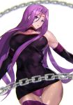  1girl ashiomi_masato bangs bare_shoulders black_dress boots breasts chain choker collar commentary_request dress elbow_gloves facial_mark fate/grand_order fate/stay_night fate_(series) forehead_mark gloves large_breasts long_hair looking_at_viewer panties parted_bangs purple_eyes purple_hair purple_panties rider sidelocks skin_tight sleeveless thigh_boots thighhighs thighs underwear upskirt very_long_hair 