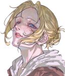  1girl aida_aot annie_leonhart blonde_hair blue_eyes brown_jacket hair_bun half-closed_eyes head_back highres hood hood_down hoodie jacket jacket_over_hoodie looking_at_viewer medium_hair parted_lips shingeki_no_kyojin solo updo upper_body white_background white_hoodie 