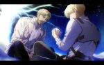  2boys 35ohama_yu armin_arlert ball baseball_(object) beard black_border black_pantyhose blonde_hair border collared_shirt facial_hair grey_jacket highres holding holding_ball indian_style jacket letterboxed male_focus multiple_boys open_mouth pantyhose parted_bangs shingeki_no_kyojin shirt short_hair sitting suit_jacket three-dimensional_maneuver_gear white_shirt zeke_yeager 