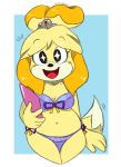  animal_crossing anthro bell bikini black_nose blonde_hair blush blush_stickers breasts canid canine canis clothing dipstick_tail dirrty_foxxx domestic_dog eyebrow_through_hair eyebrows eyelashes female fur hair happy isabelle_(animal_crossing) jingle_bell looking_at_viewer mammal multicolored_tail navel nintendo notebook shih_tzu simple_background slightly_chubby standing star_eyes swimwear tied_hair topknot toy_dog translucent translucent_hair video_games wide_hips yellow_body yellow_fur 