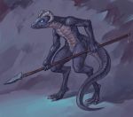  2019 anthro armpitcore420 claws full-length_portrait hi_res holding_object holding_spear holding_weapon horn melee_weapon nude polearm portrait scales scalie solo spear weapon 