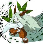  1girl belt brown_pants colored_skin commentary_request eyes_visible_through_hair folding_fan geta green_hair hakama hand_fan japanese_clothes kimono leaf long_hair long_sleeves looking_at_viewer onimaru_(onimal7802) open_mouth pants partial_commentary personification pokemon sandals shiftry sidelocks simple_background socks solo standing tabi very_long_ears very_long_hair white_background white_belt white_kimono white_skin white_socks wind yellow_eyes 