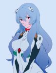  1girl ayanami_rei bad_id bad_twitter_id blue_hair bodysuit breasts evangelion:_3.0+1.0_thrice_upon_a_time highres interface_headset_(evangelion) long_hair looking_at_viewer mecha_pilot_suit neon_genesis_evangelion official_alternate_hair_length official_alternate_hairstyle plugsuit_(evangelion) rebuild_of_evangelion red_eyes simple_background solo swirl9017 white_background white_bodysuit 