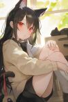  1girl animal_ear_fluff animal_ears bad_id bad_twitter_id belt_collar black_cat black_hair black_sailor_collar black_skirt blush breasts cardigan cat cat_ears cat_girl cat_tail closed_mouth collar day e_name highres hugging_own_legs indoors light_particles looking_at_viewer neckerchief open_cardigan open_clothes original red_eyes red_neckerchief sailor_collar school_uniform shirt sitting skirt small_breasts socks solo sunlight tail white_shirt white_socks window yellow_cardigan 