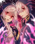  1boy 1girl black_gloves fangs fire fire_emblem fire_emblem_awakening fire_emblem_heroes gloves grima_(fire_emblem) hair_between_eyes highres hood long_sleeves looking_at_viewer medium_hair open_mouth profile purple_fire red_eyes robe robin_(fire_emblem) robin_(fire_emblem)_(female) robin_(fire_emblem)_(male) short_hair silver_hair slit_pupils tida_2112 upper_body 