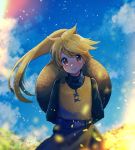  belt blonde_hair blue_sky blush brown_eyes closed_mouth cloud cloudy_sky day flat_chest highres long_hair long_sleeves looking_at_viewer mu_acrt outdoors pokemon pokemon_special ponytail signature sky smile standing yellow_(pokemon) 
