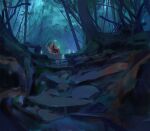  1girl animal character_request check_character commentary cool_colored english_commentary forest highres kodama mononoke_hime nature outdoors riding riding_animal san_(mononoke_hime) scenery snatti tree very_wide_shot 