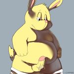  1:1 2010 anthro balls belly dote erection genitals humanoid_hands lagomorph leporid male mammal moobs overweight overweight_male penis pink_nose rabbit simple_background solo 